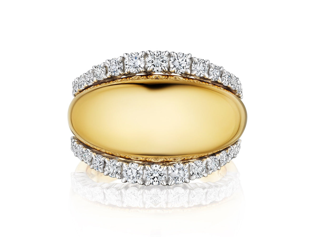 Coil Dome Ring with Pavé Diamond Borders in Yellow Gold