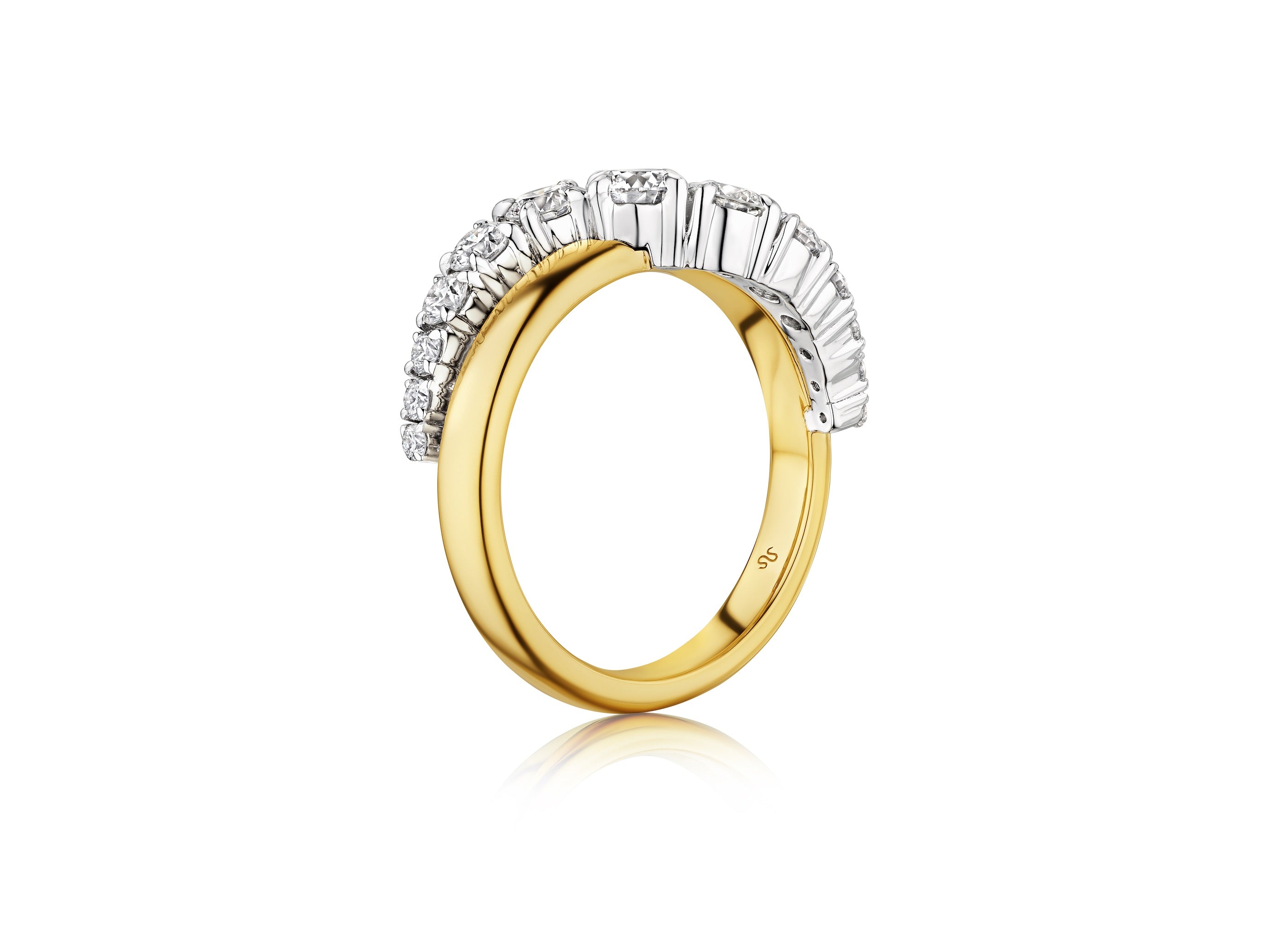 The Coil Graduated Round Diamond Wave Band in Yellow Gold features a wave design with graduated round natural diamonds set on top, crafted in 18k yellow gold and showcased against a white background.