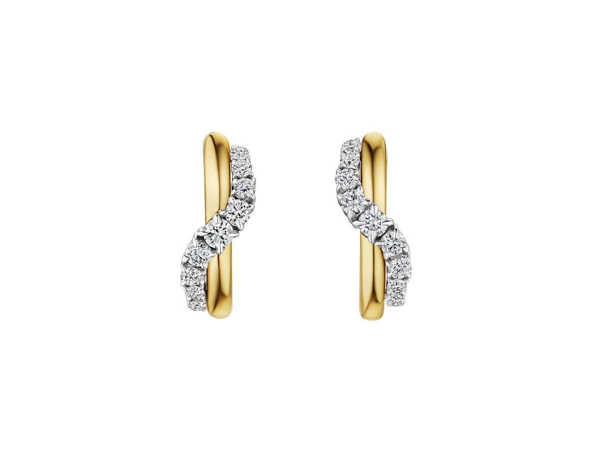 Coil Graduated Round Diamond Wave Huggies in Yellow Gold and Platinum