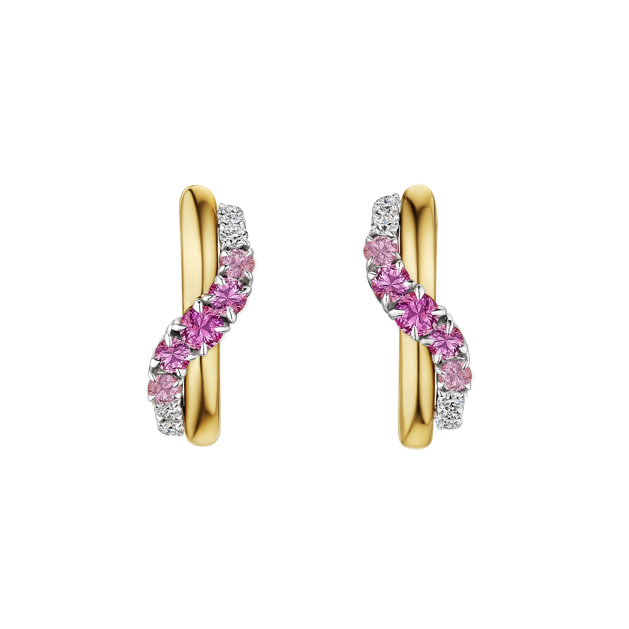 Pink Coil Graduated Round Sapphire and Diamond Wave Huggies in Yellow Gold and Platinum featuring a twisted wave design with pink sapphires and diamonds set along the front, creating a stylish and elegant look. These earrings beautifully combine sophistication with modern flair.