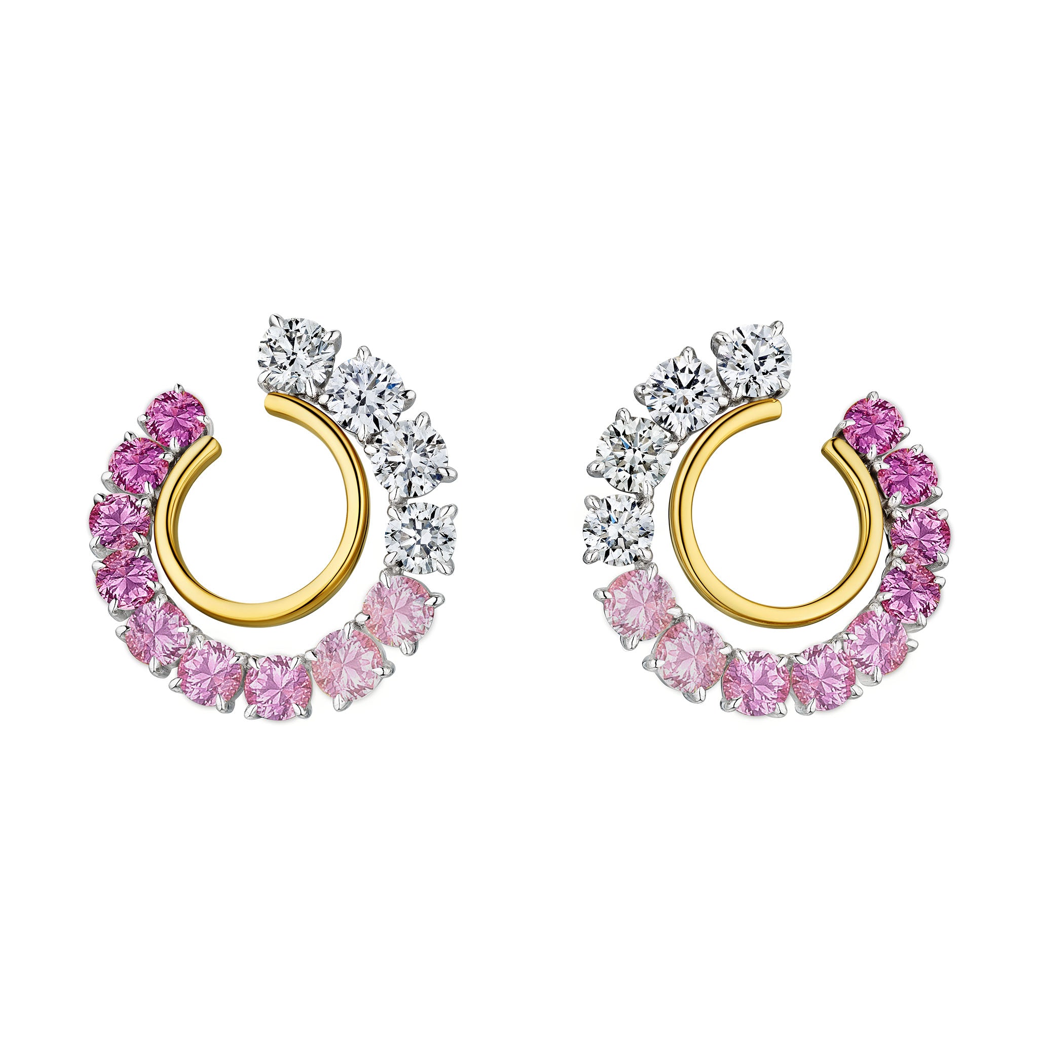 Introducing the Pink Coil Round Sapphire and Diamond Front-to-Back Hoop Earrings in Yellow Gold and Platinum—crafted in radiant 18k yellow gold with platinum accents. These elegant circular earrings feature alternating pink sapphires and white diamonds arranged in a gradient along the outer edge, creating a vibrant look that adds a touch of sophistication to any jewelry collection.