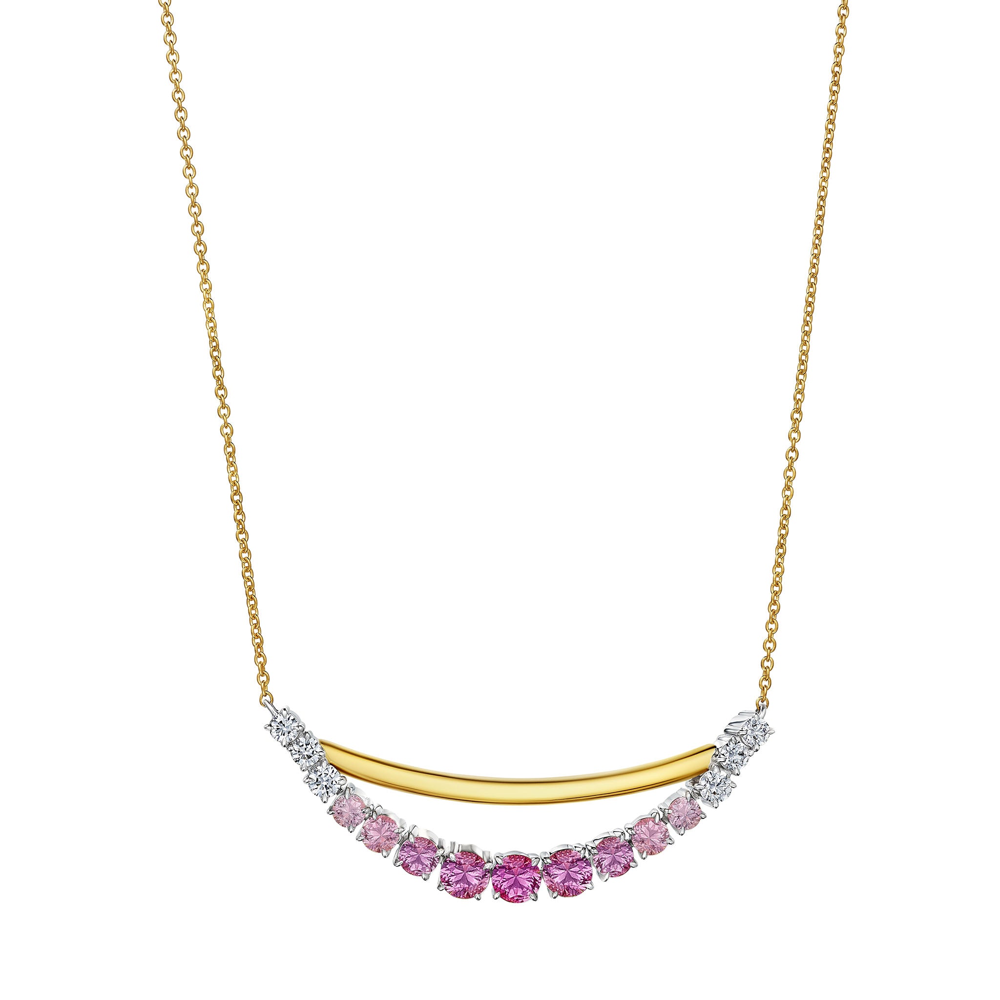 Certainly! Here’s the revised sentence using your product data: A stunning Pink Coil Bar Pendant with graduated round sapphires and diamonds set in yellow gold and platinum, this elegant necklace features a graceful curved bar design that beautifully captures the delicate charm of pink sapphires accented by shimmering diamonds.