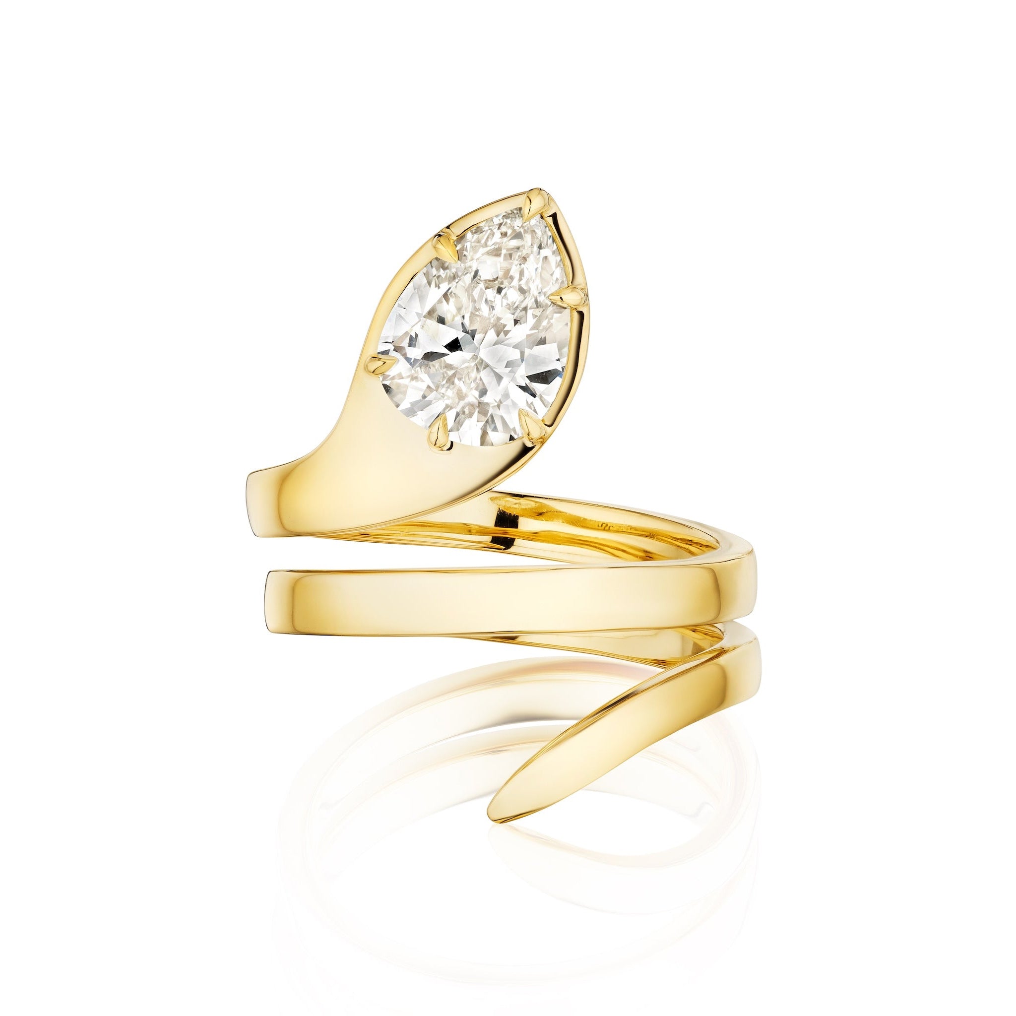 The Pear Shape Diamond Snake Wraparound Ring in yellow gold features a wraparound design with a large pear-shaped diamond at one end, crafted in 18k gold and shown on a white background.