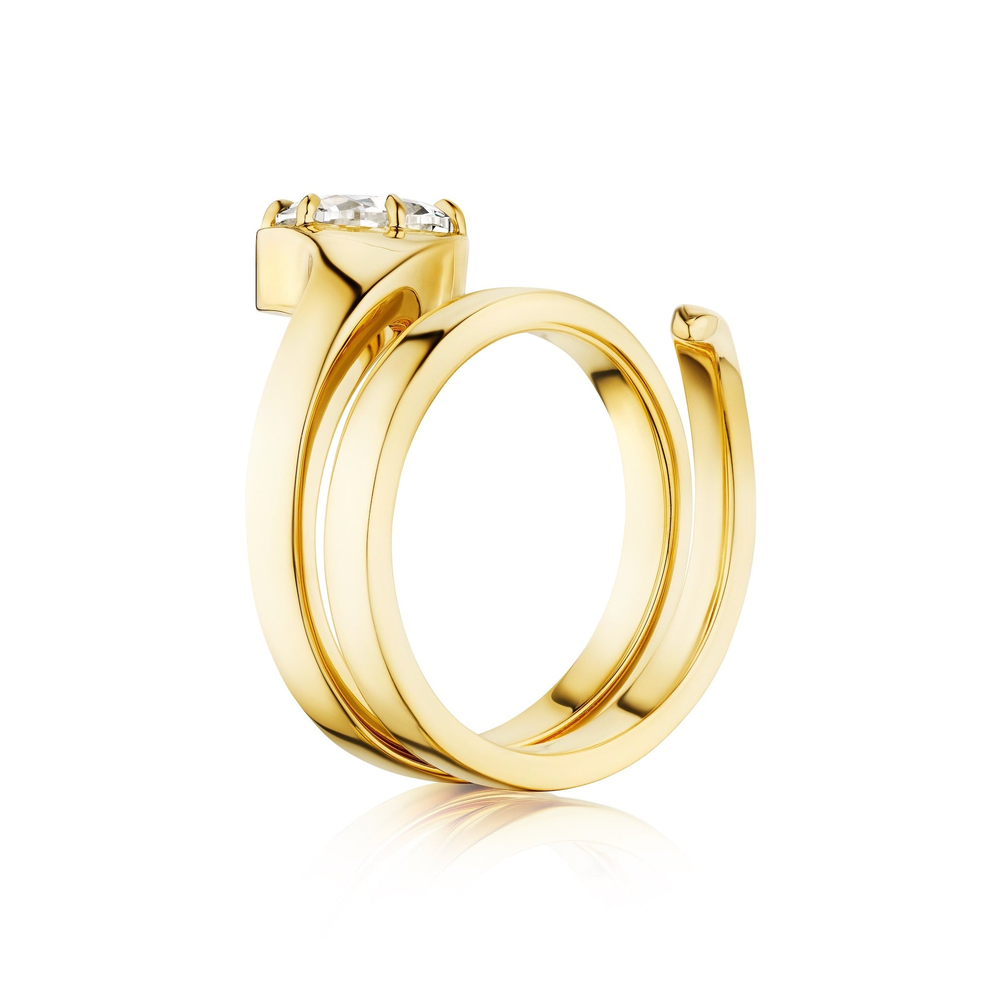 The Pear Shape Diamond Snake Wraparound Ring in yellow gold showcases a modern spiral design with a pear-shaped diamond accent. The ring has a sleek, shiny finish and is displayed on a white background.