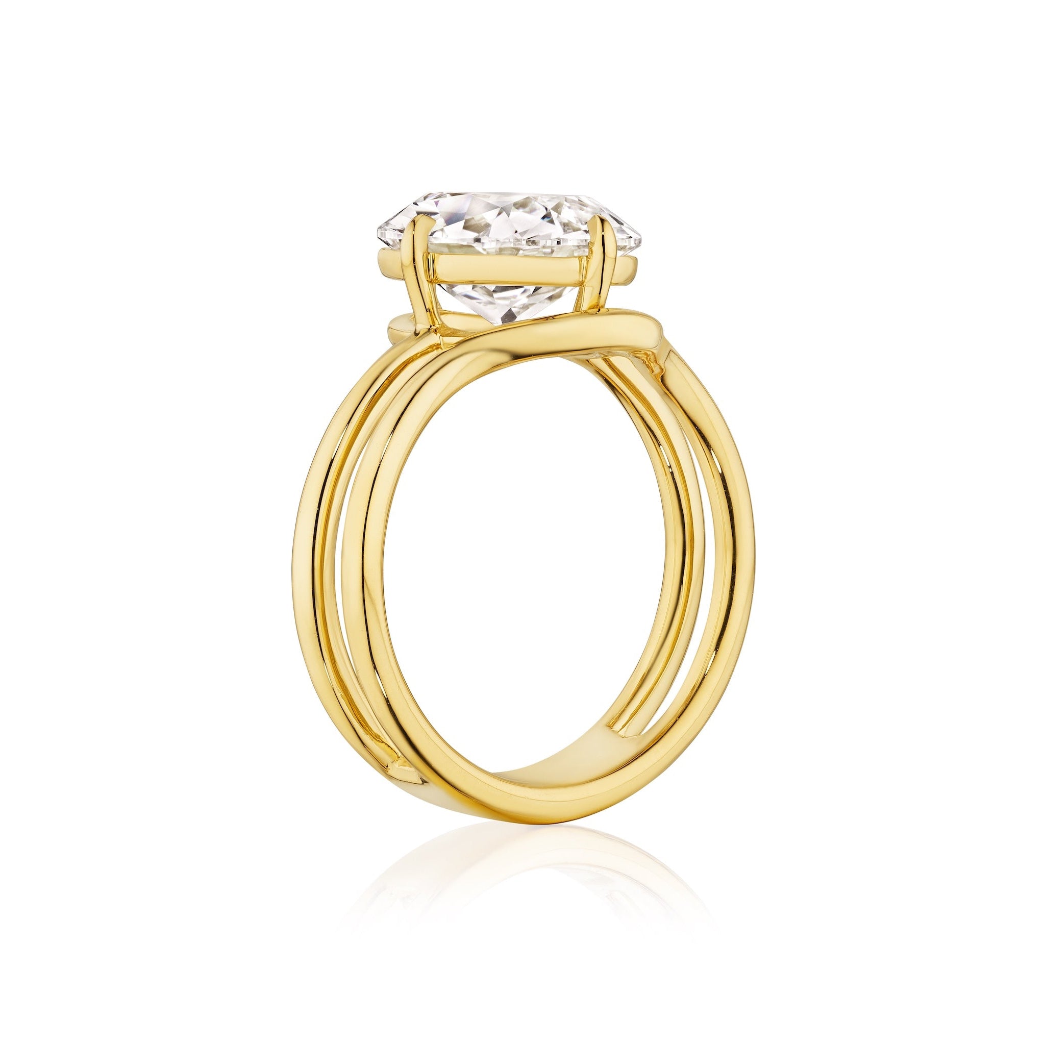 A Double Band North-South Prong Set Cushion Cut Diamond Engagement Ring in Yellow Gold is displayed against a white background, featuring a stunning cushion-cut diamond in an elegant prong setting.