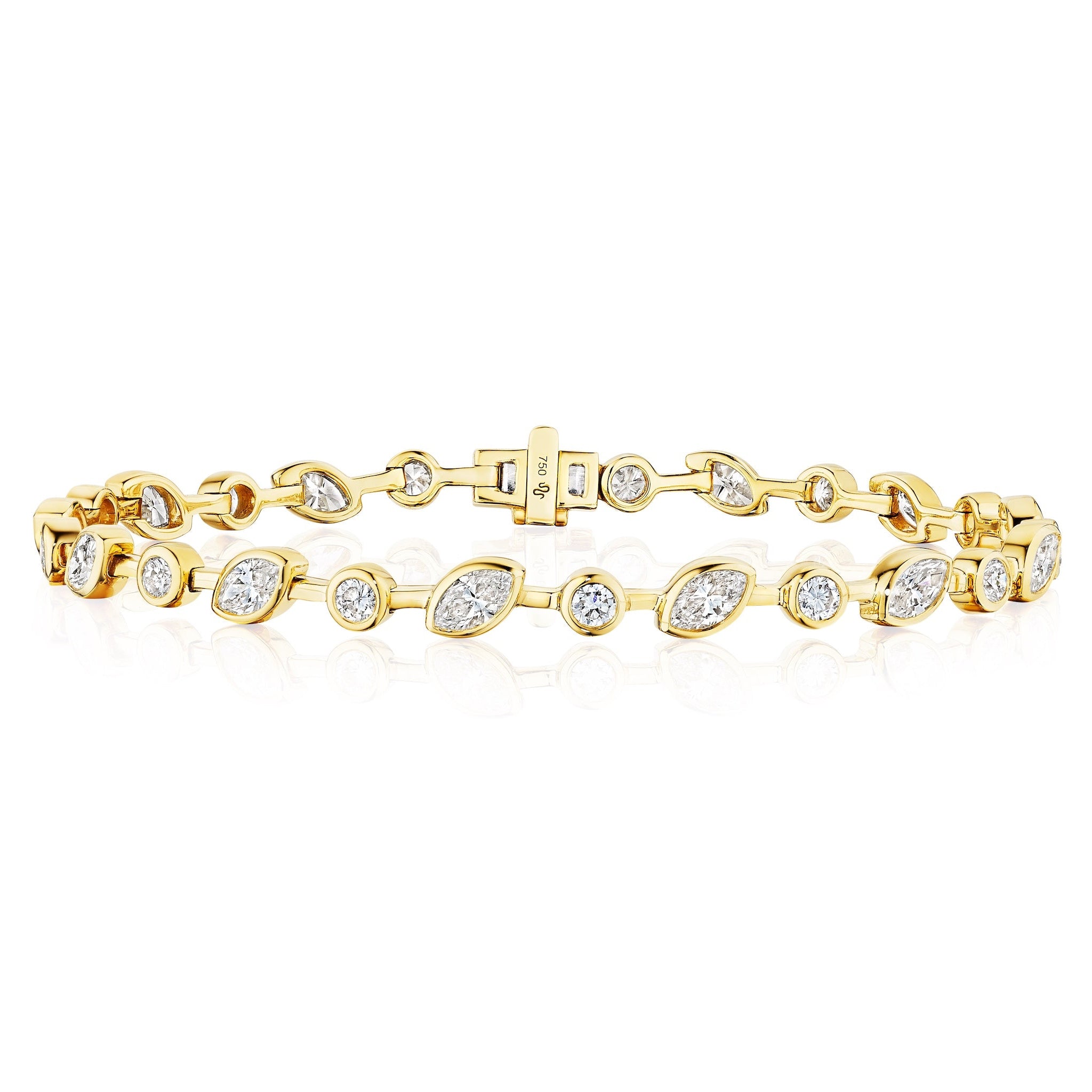 The Marquise and Round Diamond Linked Tennis Bracelet in Yellow Gold features alternating round and marquise diamonds set in 18k yellow gold with a secure central clasp.