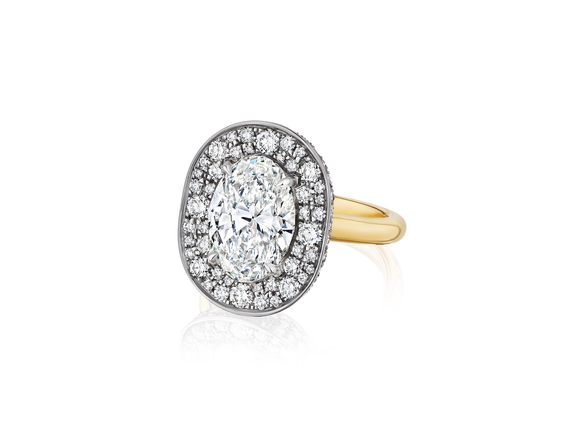 Oval Brilliant Cut Diamond Framed With Diamond Pavé Ring Set in 18K Yellow Gold With Black Rhodium