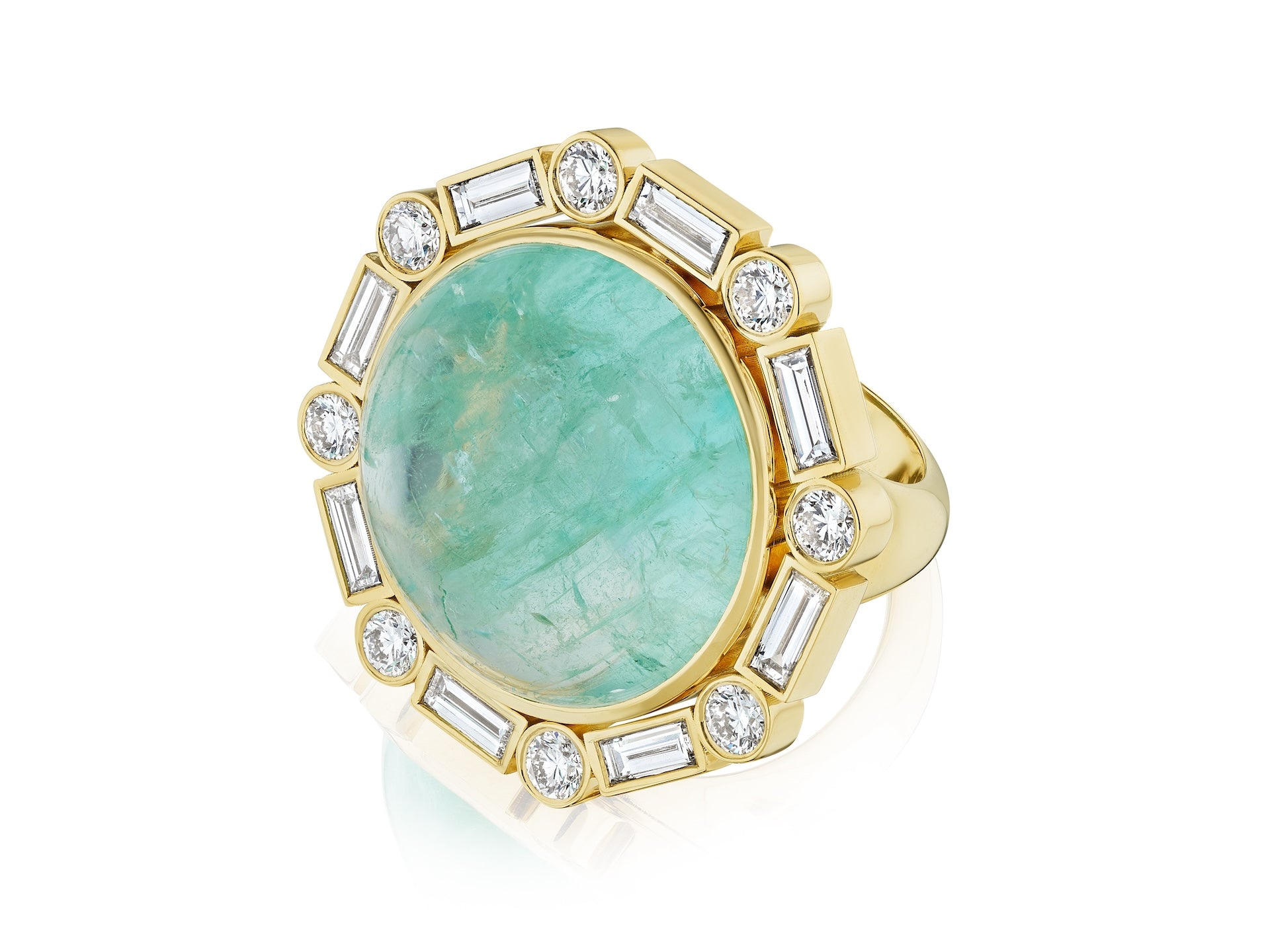 Emerald Cabochon Framed by Round Brilliant Cut and Baguette Diamonds Set in 18K Yellow Gold