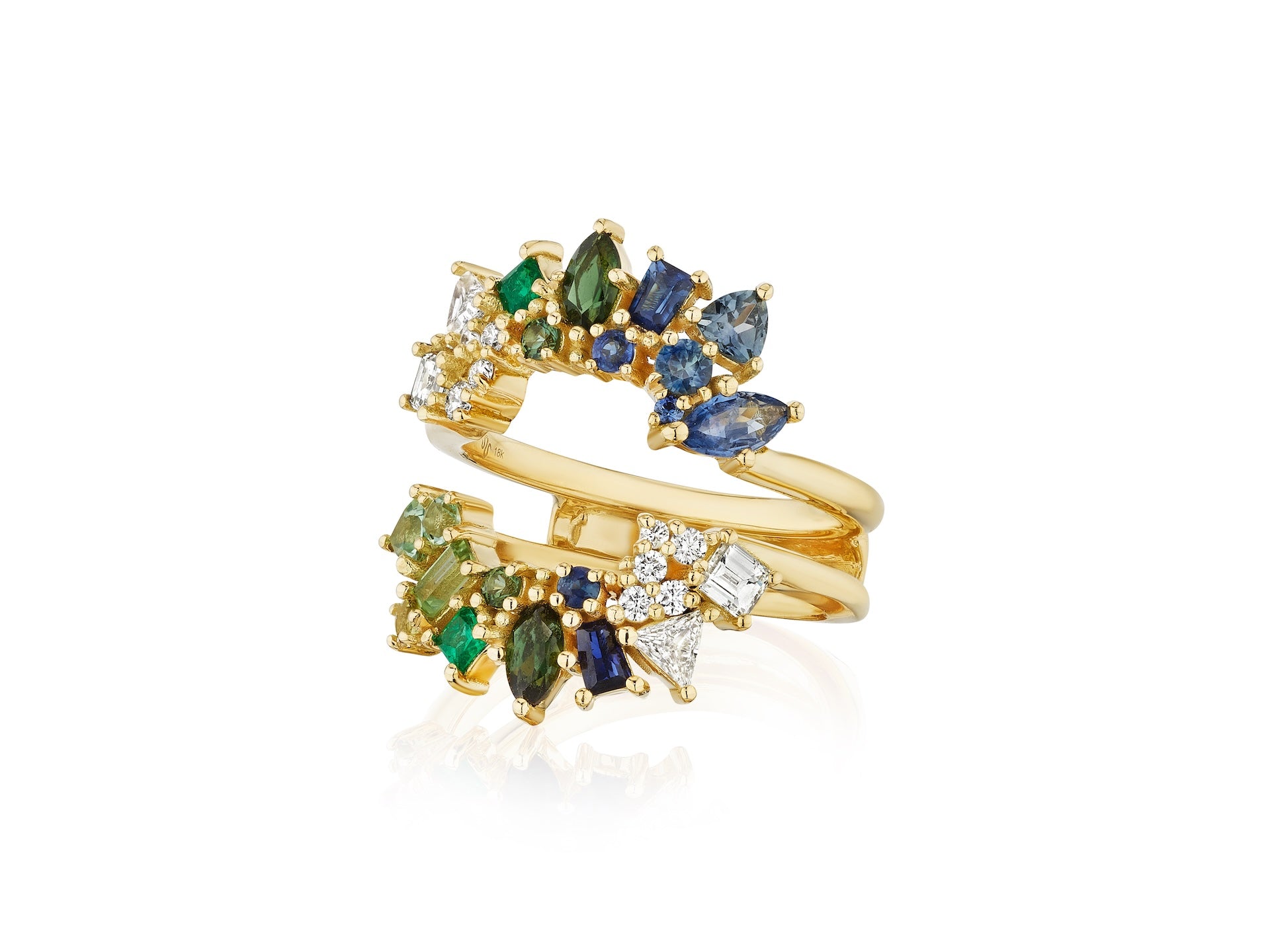 Custom Mixed Shape Diamond, Emerald, and Sapphire Ring Jacket Set in 18K Yellow Gold