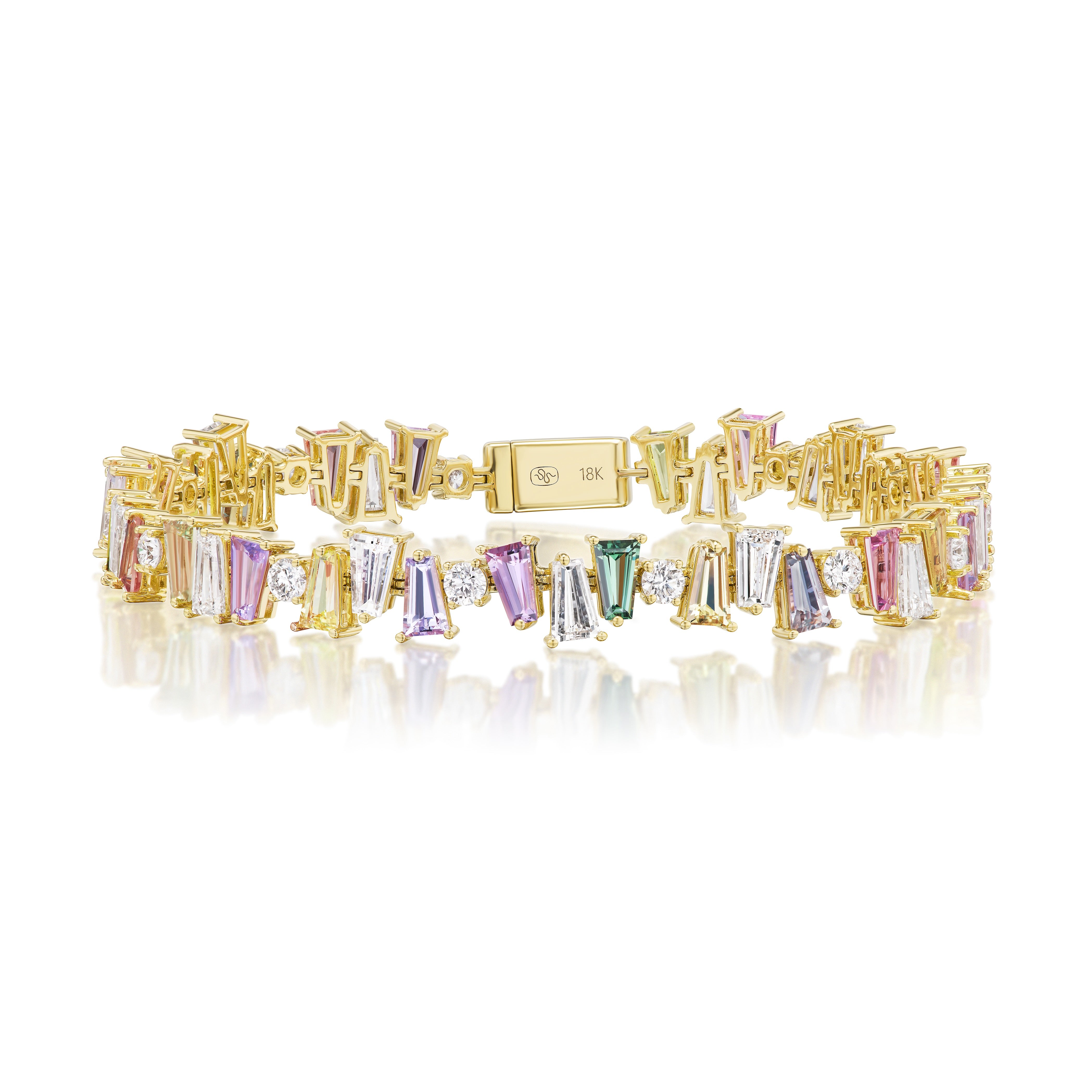 The Multicolor Shield Cut Sapphire and Round Diamond Bangle in Yellow Gold showcases shield-cut pastel sapphires and round diamonds, set in 18K yellow gold with a secure rectangular clasp marked “18K.”.