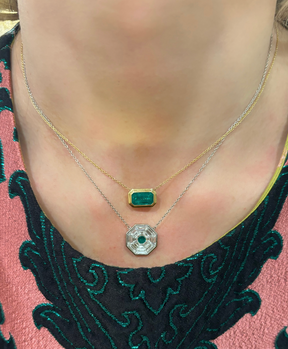 Bezel Set Trapezoid Diamond Mosaic Pendant with Round Emerald Center Stone
