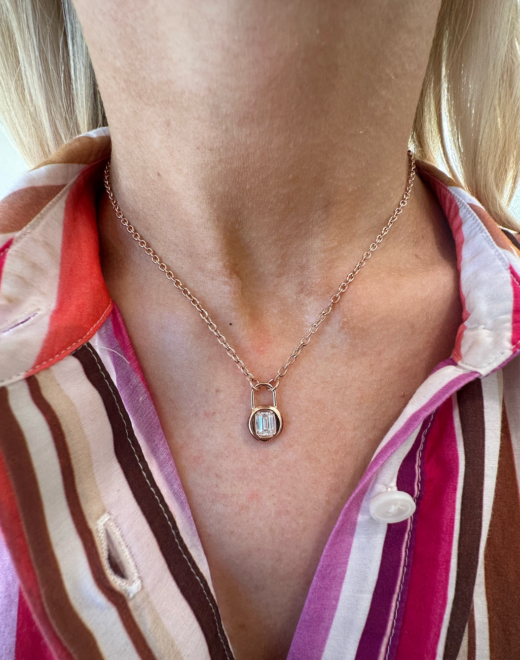 Emerald Cut Diamond Lock Charm Pendant in Rose Gold