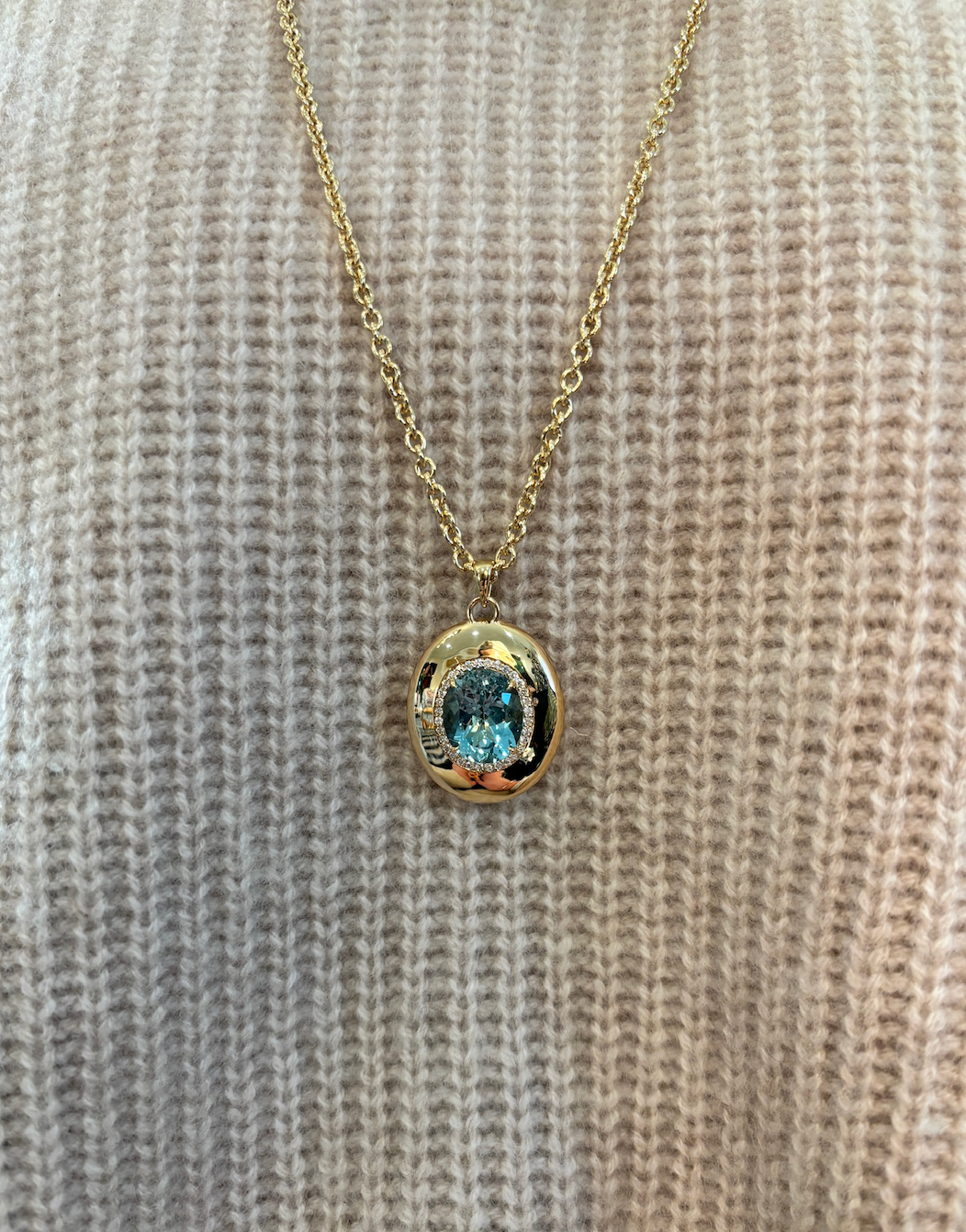 Pavé Oval Cut Aquamarine Collet Pendant in Yellow Gold