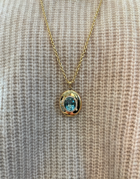 Pavé Oval Cut Aquamarine Collet Pendant in Yellow Gold