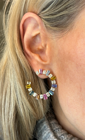 Confetti Front-to-Back Hoops with Emerald Cut Diamonds and Multicolor Sapphires