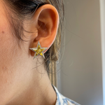 Close-up of a person’s ear adorned with Celestial Star Studs in white gold, featuring diamond pavé and yellow kite sapphires. The wearer has brown hair and is dressed in a white top with blue floral patterns.