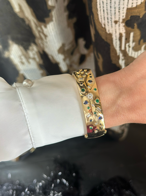 Bezel Set Mixed Shape Emerald, Diamond, and Sapphire Cuff in Yellow Gold