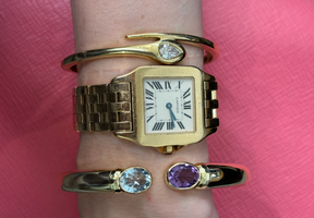 Bezel Set Open Space bangle with Oval Shape Aquamarine and Amethyst in Yellow Gold