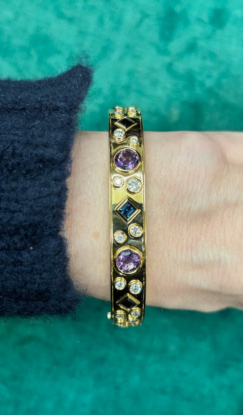 Burnish Set Multicolor, Mixed Shape, Diamond and Sapphire Bangle in Yellow Gold
