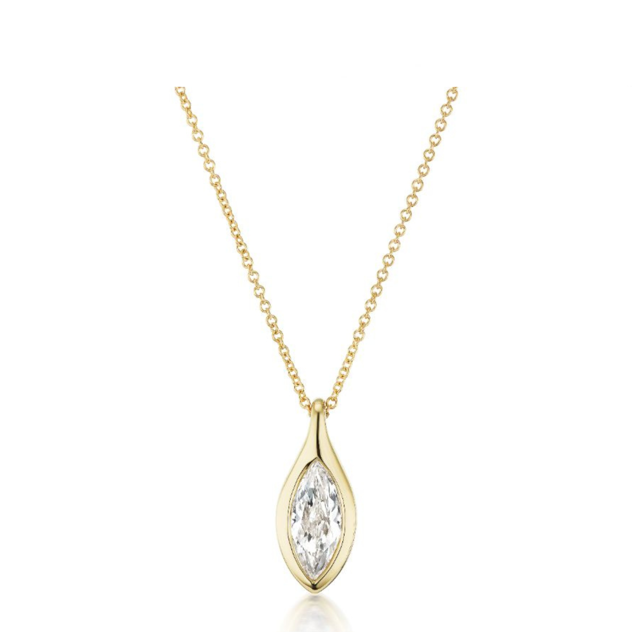 The Serpent Bezel Set Marquise Diamond Solitaire Pendant features an 18K gold chain with a marquise diamond in a smooth bezel, shown against a white background. Its adjustable chain allows for a customized fit.