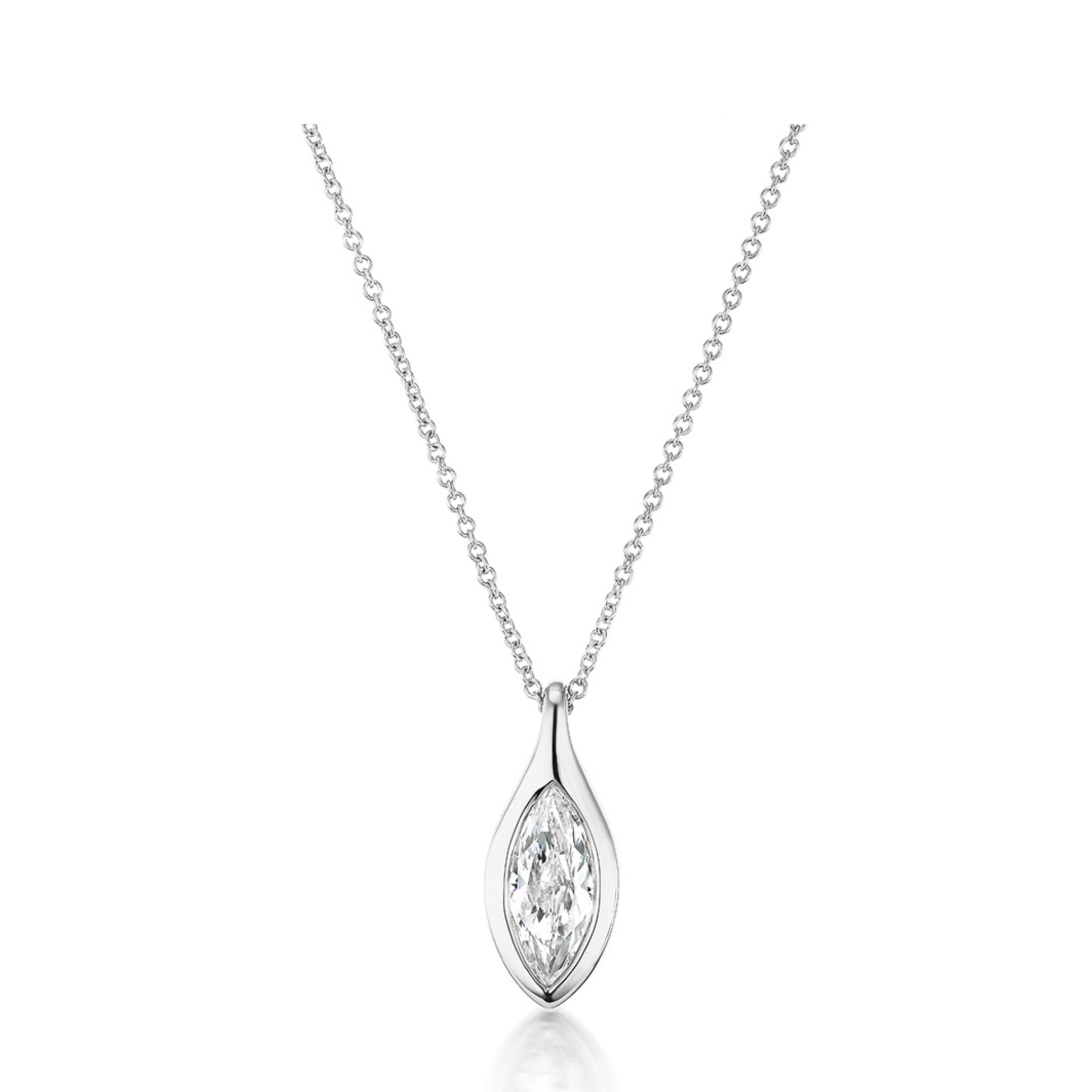 The Serpent Bezel Set Marquise Diamond Solitaire Pendant is a delicate silver adjustable chain necklace with a marquise diamond in a sleek bezel setting, shown against a white background.