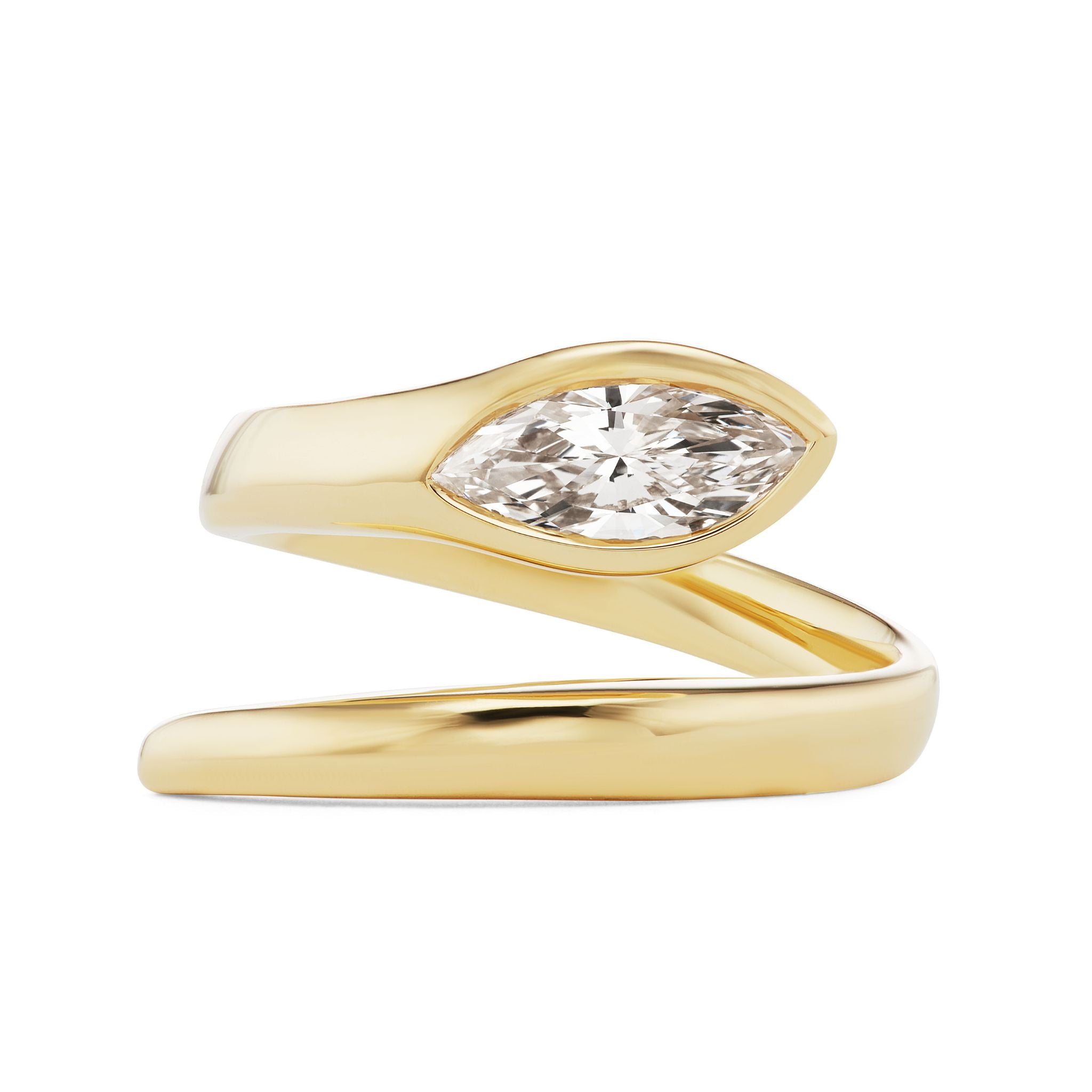 The Serpent Wraparound Ring with Marquise Diamond is a sleek 18K yellow gold bypass ring featuring a modern open band and a horizontally set marquise diamond as the snake's head.