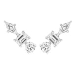 Elegant Straight Ear Crawlers in white gold featuring mixed shape diamonds—three emerald cut and one round—arranged in a graceful, curved design.