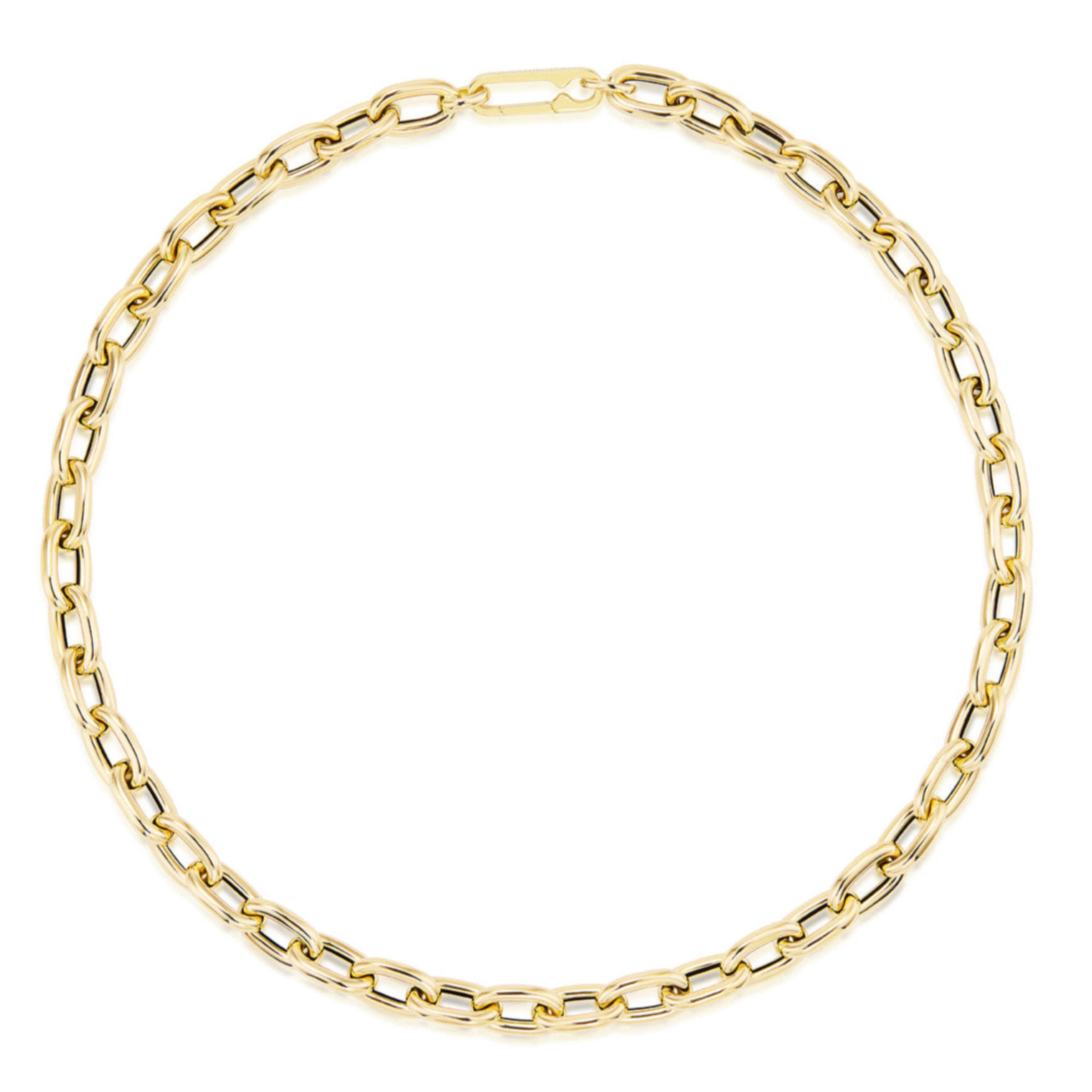 The Serpentine Signature Chain Necklace is an 18-inch 14K yellow gold piece with rectangular links and a lobster clasp, styled in a circle on a white background.