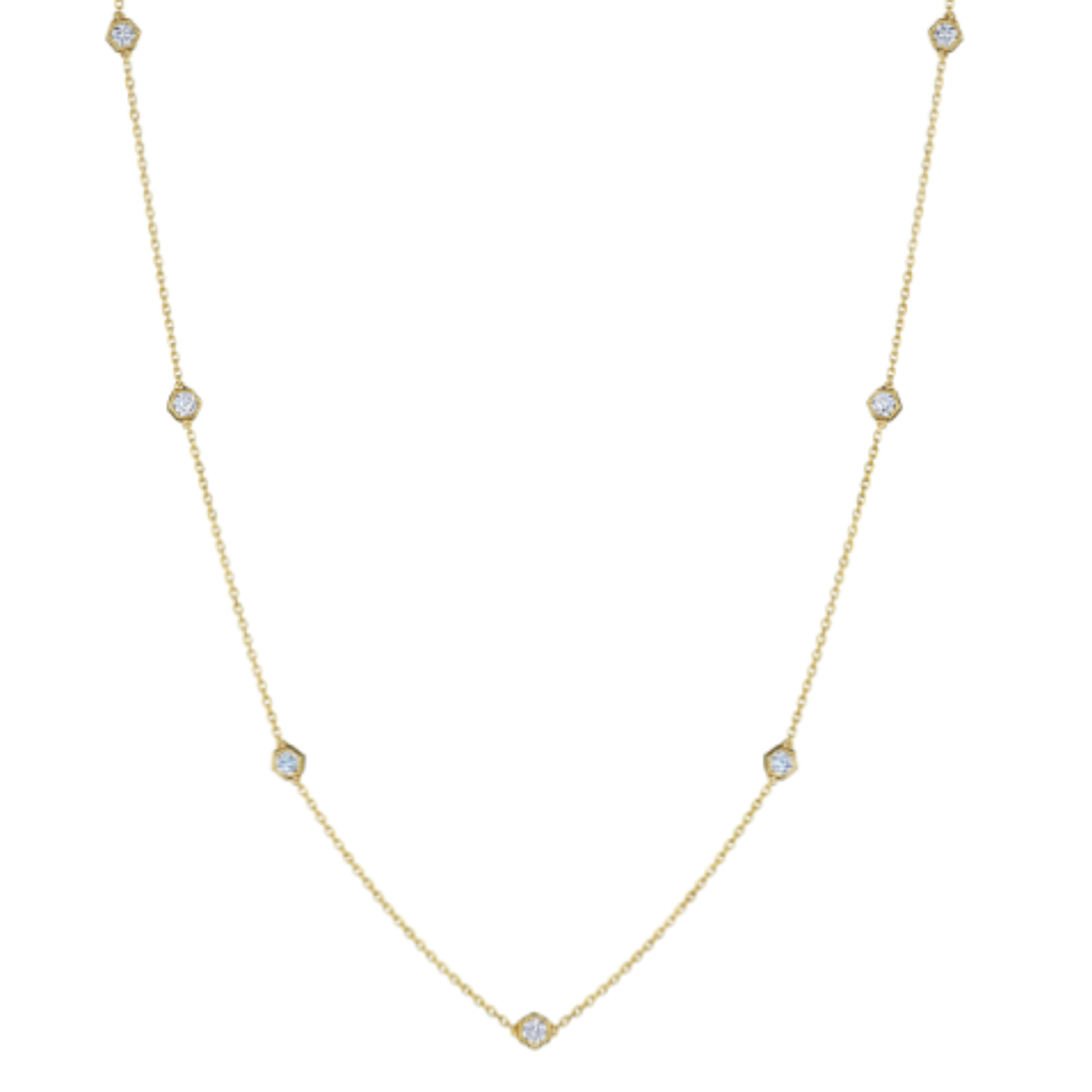 The Small Serpentine Station Necklace features hexagon bezel set diamonds in a delicate white gold design, shown on a plain white background.