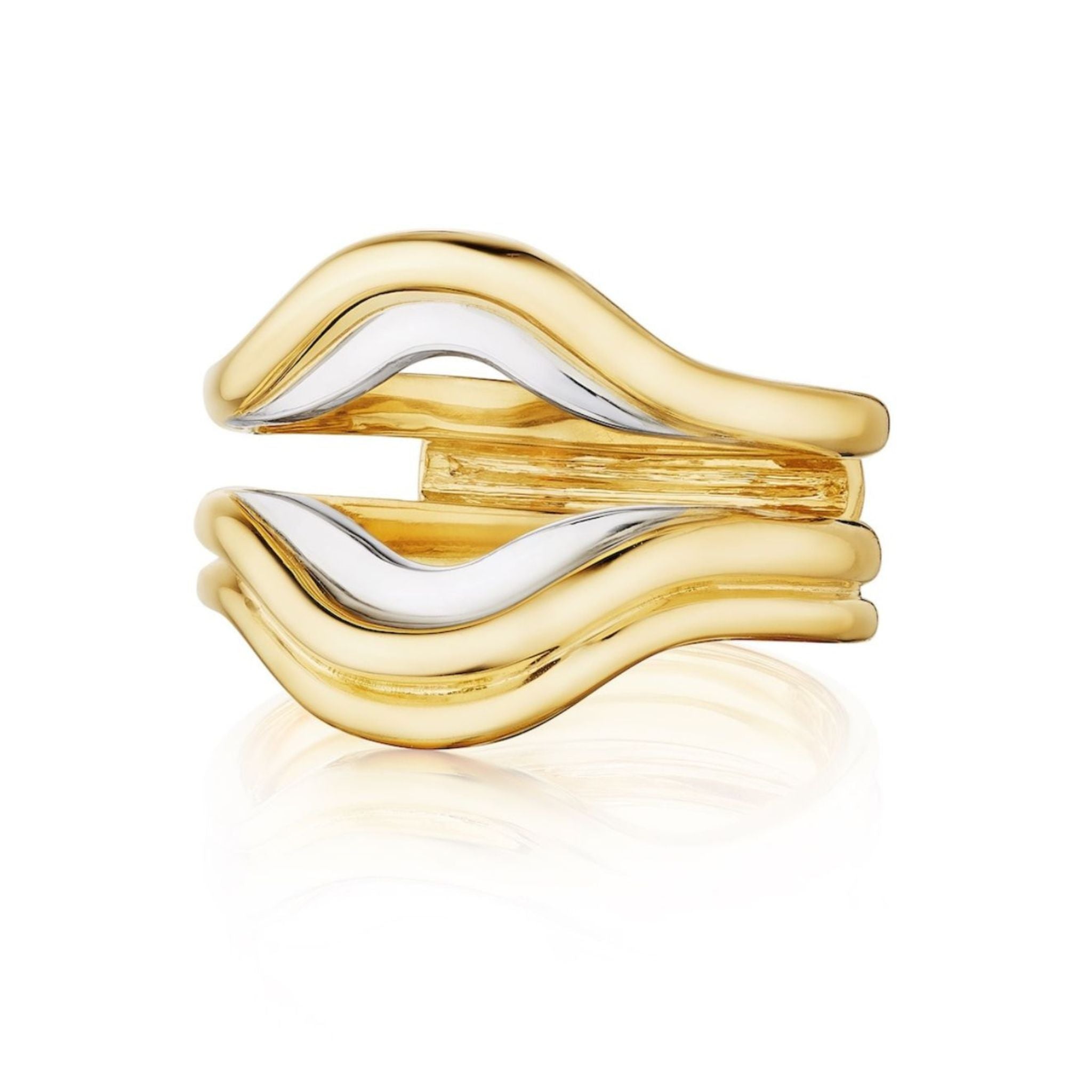 The Single and Double Band Contour Ring Jacket in Yellow Gold features a sleek 18k yellow gold and silver design with stylized wavy lines forming an open center, accentuating its modern silhouette against a crisp white backdrop.