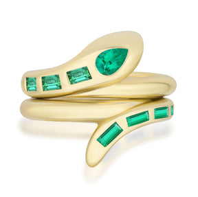 Serpent Bookend Rings in Yellow Gold with Pear Shape and Baguette Emeralds