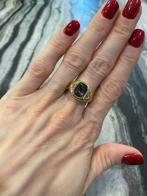 Bespoke Cushion Cut Spinel Signet Ring in Yellow Gold with Epaulette Diamond Side Stones