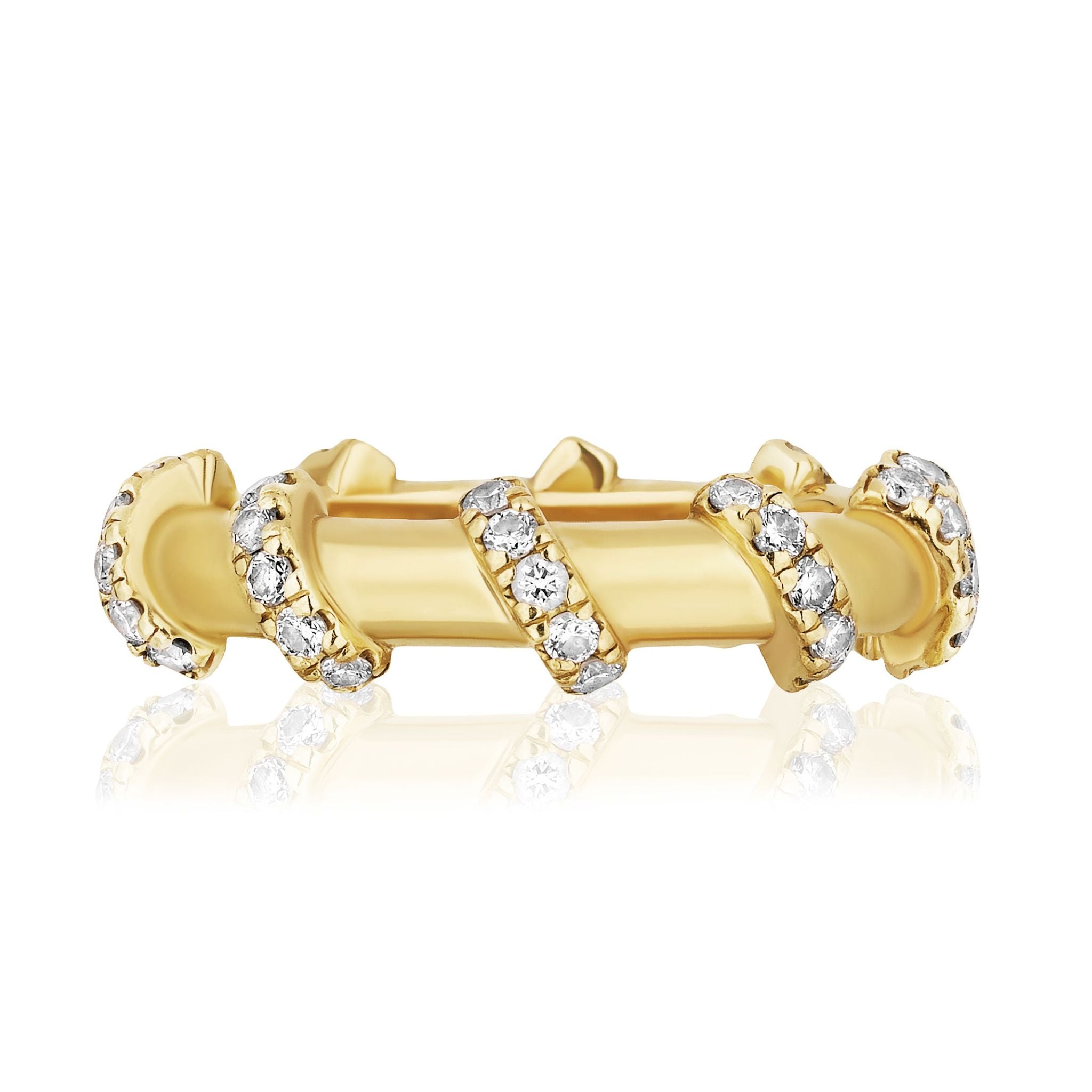The Spiral Pavé Diamond Band features a smooth 18K yellow gold band accented with sparkling round diamonds in a spiral design, showcased on a white background.