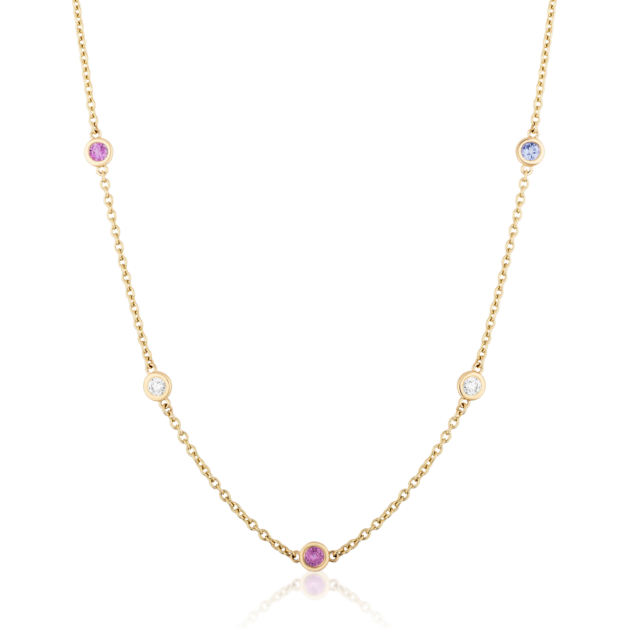 The Station Necklace in Yellow Gold features a delicate chain with five bezel-set round diamonds and multicolor sapphires, including hot pink stones, for a vibrant and elegant look.