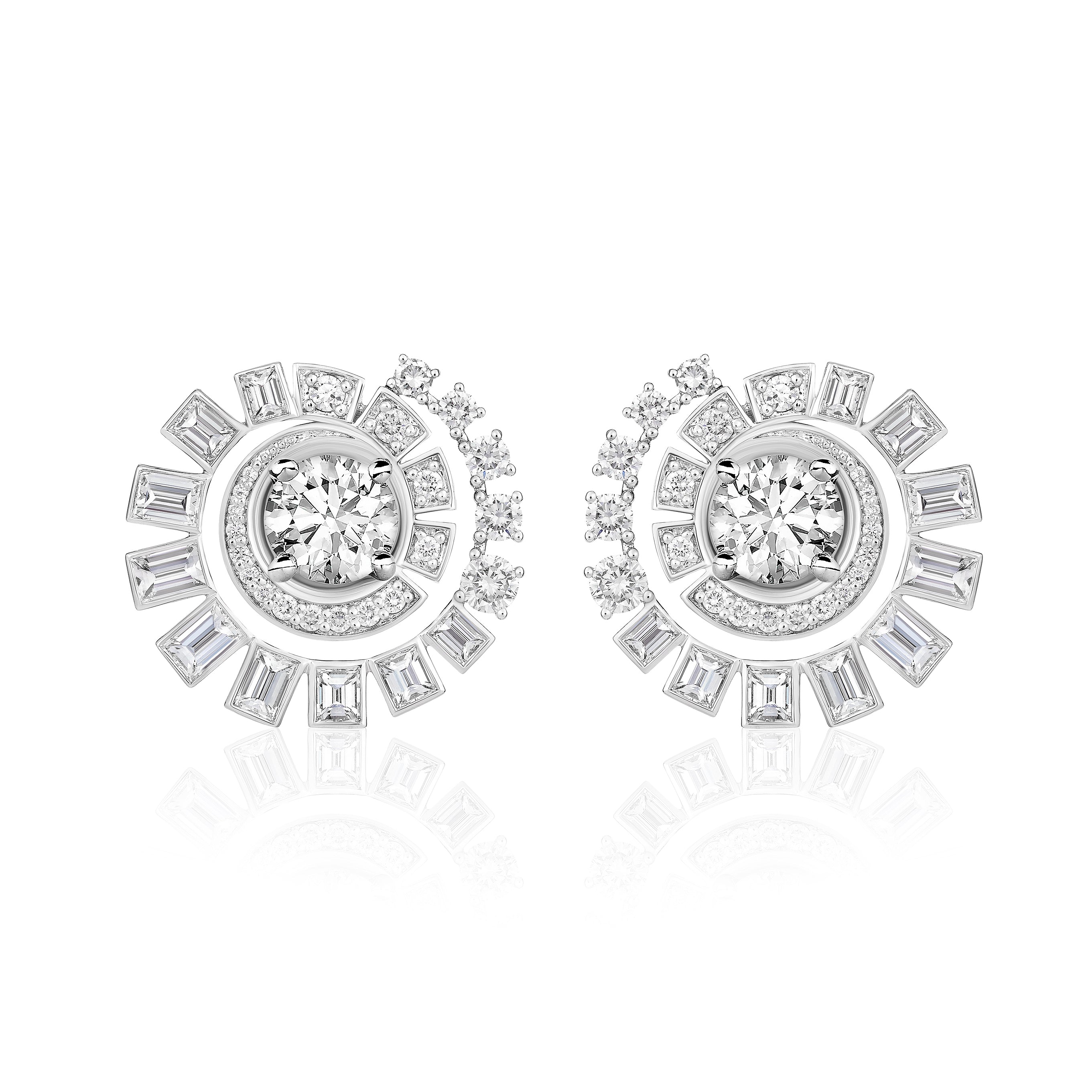 From our Celestial Collection, the Celestial Swirl Ear Jackets in White Gold showcase mixed shape diamonds in a radiant swirl design, blending elegant diamond jewelry style with modern sparkle.