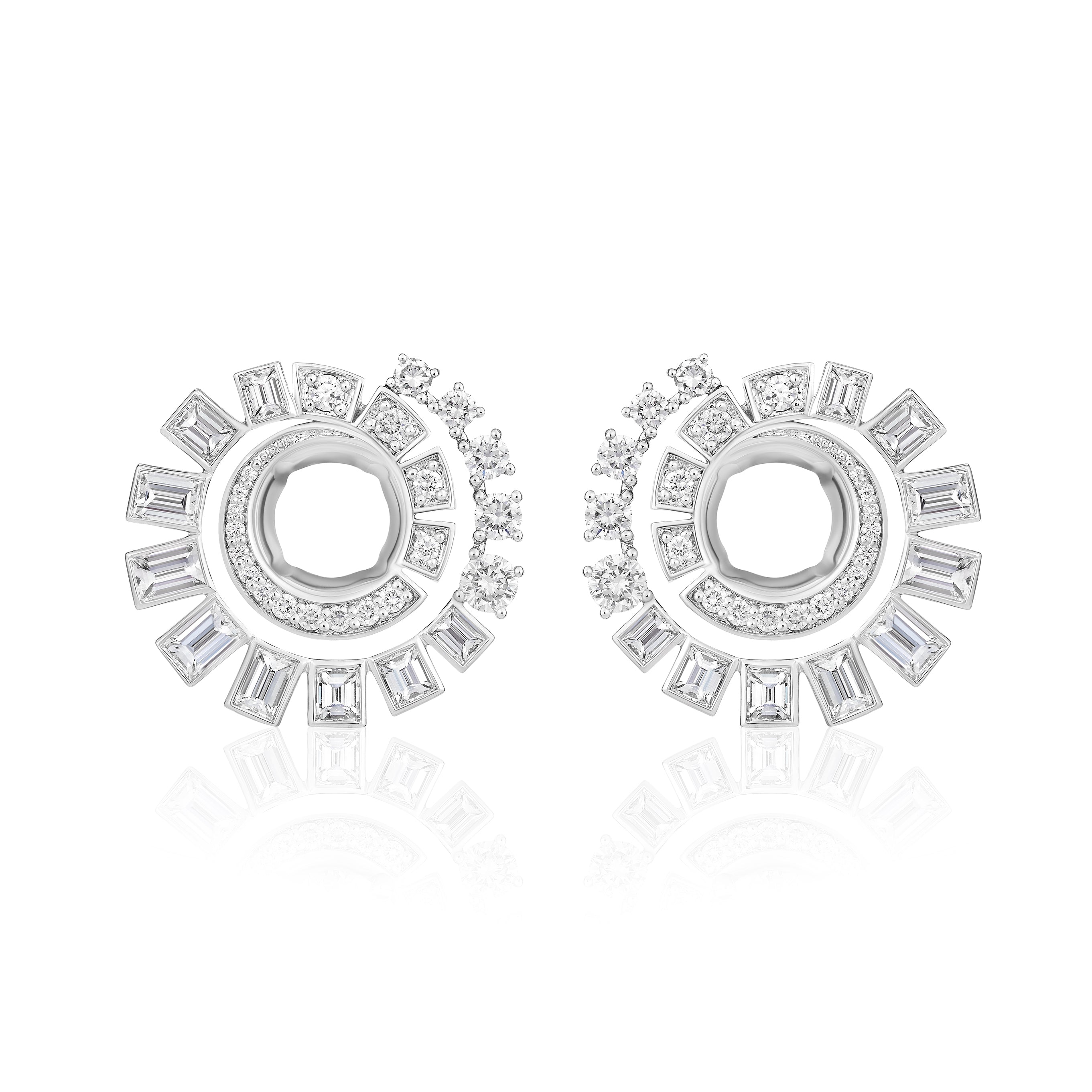 The Celestial Swirl Ear Jackets in White Gold feature mixed shape diamonds in a modern sunburst design, adding a radiant, elegant touch to any diamond jewelry collection.