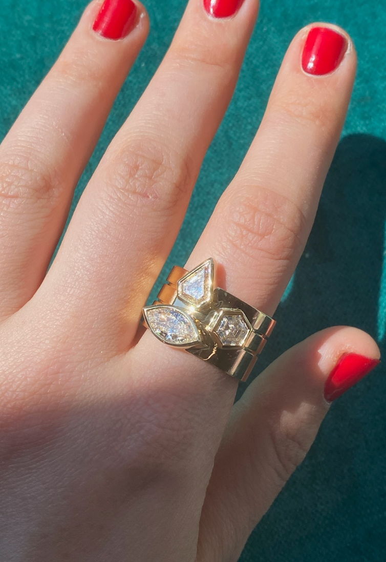 Bezel Set Mixed Shape Diamond Thick Band in Yellow Gold