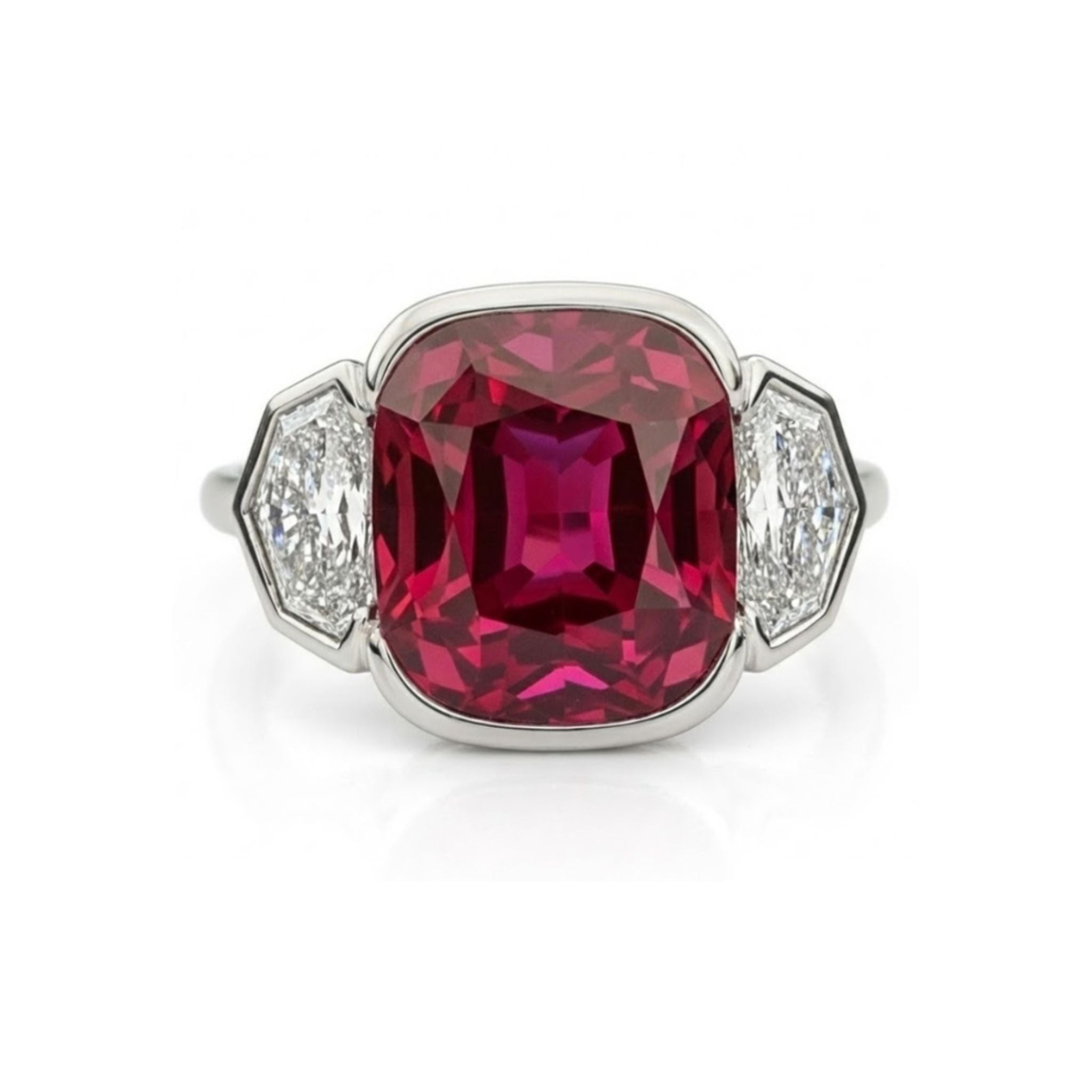 The Half Bezel Set Cushion Ruby Three Stone Ring features a cushion-cut ruby center and epaulette diamond side stones, all elegantly set in white gold.