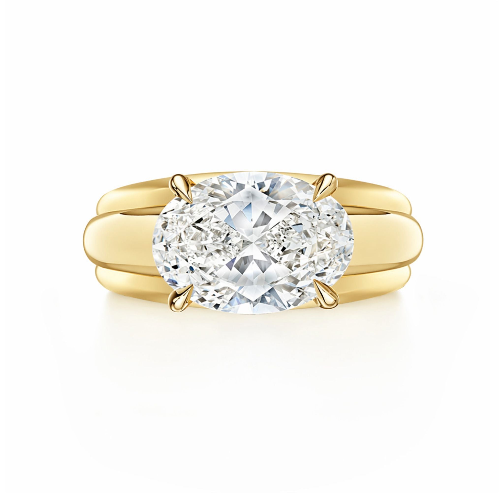 The East-West Set Oval Diamond Ribbed Engagement Ring in Yellow Gold features a striking split band design and a large horizontal oval diamond, shown on a white background.