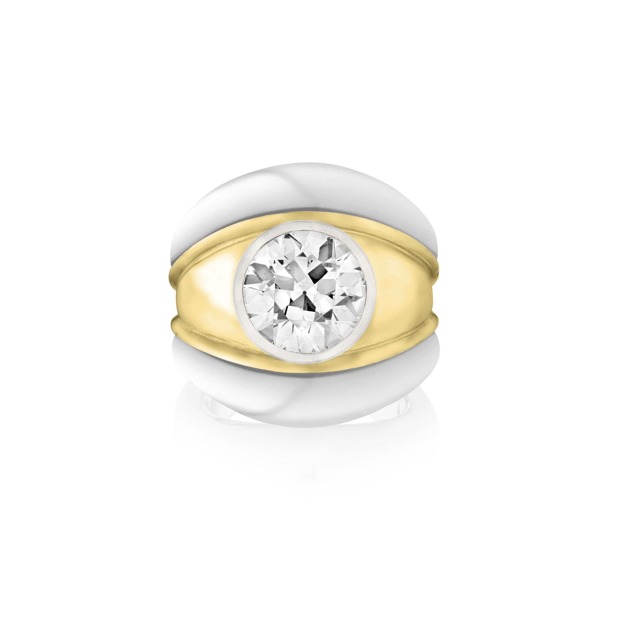 The Round Diamond Engagement Ring features a large central round diamond set in yellow gold within a white gold band, highlighted by smooth matte silver edges, shown against a white background.