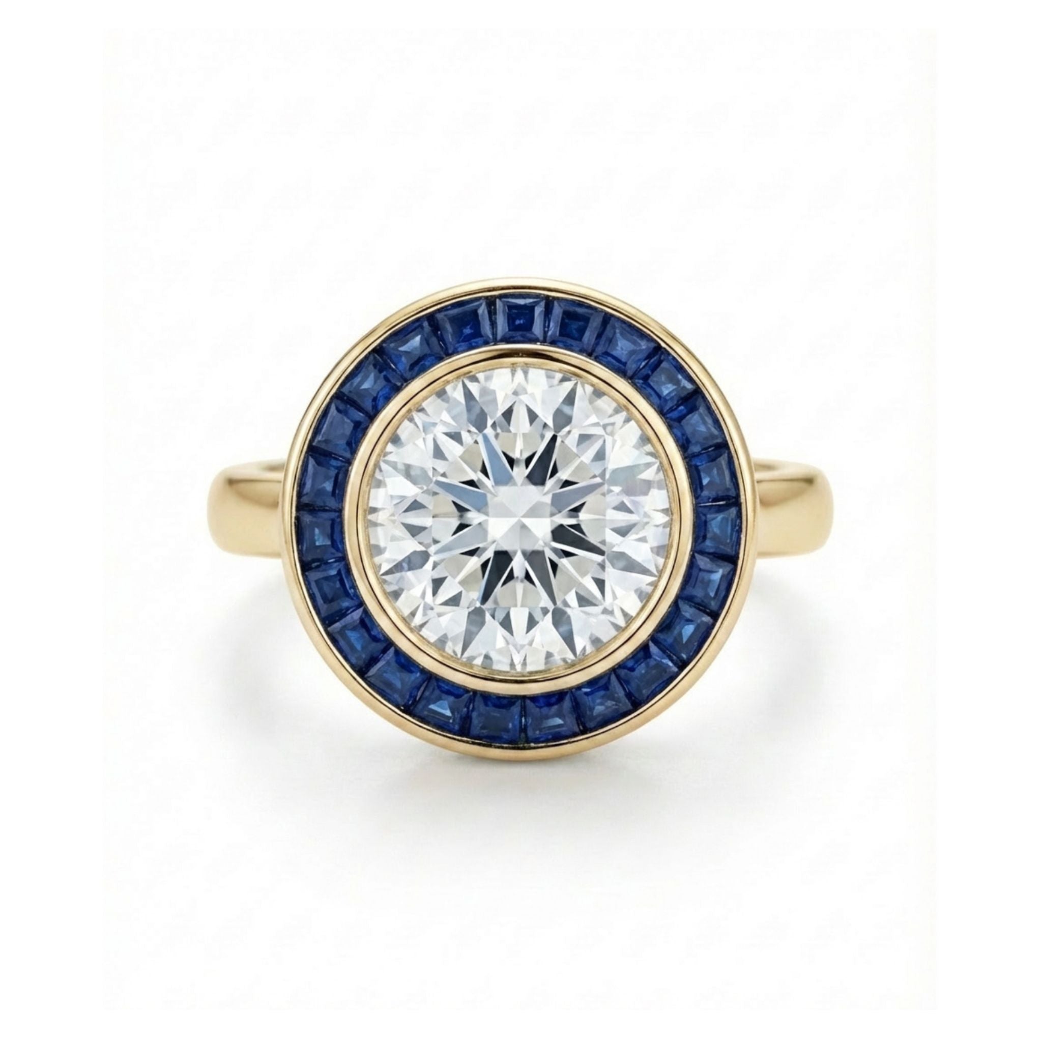 The Round Brilliant Diamond with Channel Set Sapphire Halo Ring features a central round diamond encircled by a halo of square-cut blue sapphires.