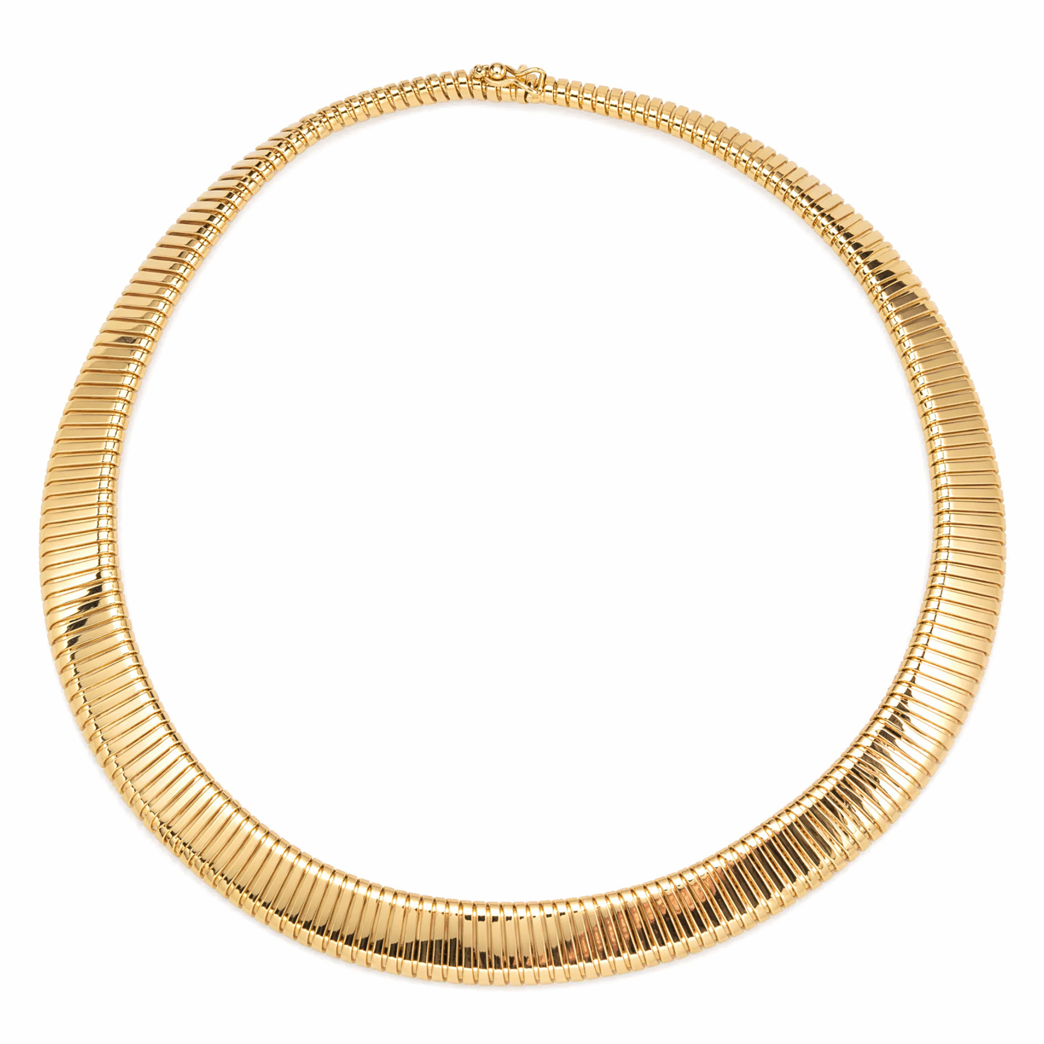 The Tiffany & Co. Tubogas Collar Necklace is crafted in 14K gold with a ribbed, reflective surface, featuring a sleek, rounded oval design and a secure clasp at the top.