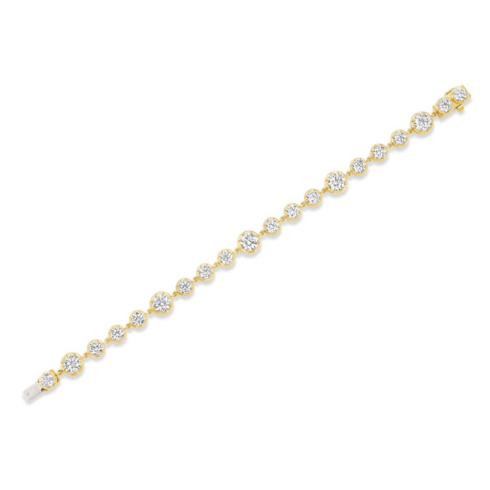 The Collet Set Round Diamond Graduated Tennis Bracelet in Yellow Gold features a single row of round, bezel-set diamonds arranged in a graduated design, with the largest stones showcased at the center and tapering to smaller stones near the clasp.