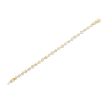 A stunning East-West Bezel Set Mixed Shape Diamond Tennis Bracelet in yellow gold, featuring sparkling diamonds set along its length, displayed on a white background.