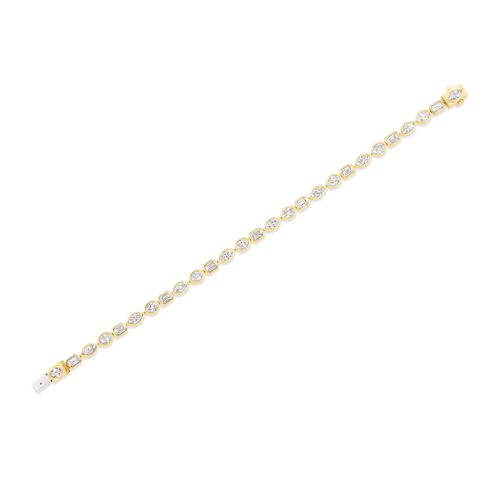A stunning East-West Bezel Set Mixed Shape Diamond Tennis Bracelet in yellow gold, featuring sparkling diamonds set along its length, displayed on a white background.