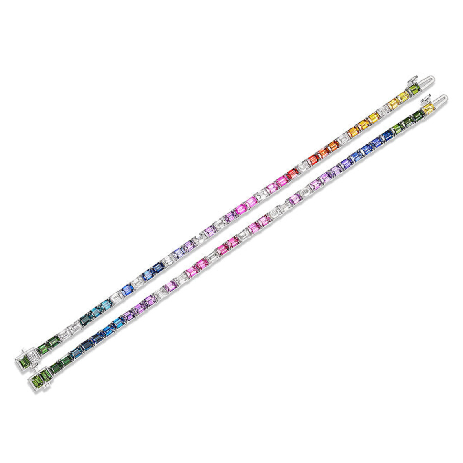 Two Multicolor Emerald Cut Sapphire Tennis Bracelets, each adorned with a row of square, multicolored gemstones arranged in a gradient pattern, are displayed on a white background. One bracelet is inspired by the timeless design of the classic sapphire tennis bracelet, while the other features delicate accents that evoke the sophistication of 18K white gold settings and emerald cut diamonds for added elegance.