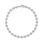 The Milgrain Hexagon Bezel Set Garland Bracelet showcases a series of round, sparkling white gemstones set within distinctive hexagonal milgrain bezels, arranged in a continuous line with a secure clasp—this elegant design captures the timeless allure of a classic garland bracelet.