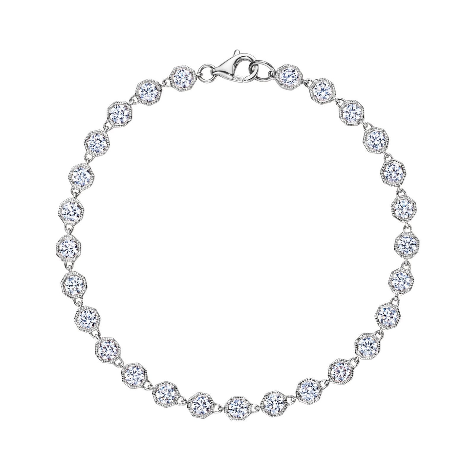 The Milgrain Hexagon Bezel Set Garland Bracelet showcases a series of round, sparkling white gemstones set within distinctive hexagonal milgrain bezels, arranged in a continuous line with a secure clasp—this elegant design captures the timeless allure of a classic garland bracelet.