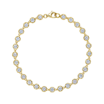 The Milgrain Hexagon Bezel Set Garland Bracelet is an elegant 18k gold diamond bracelet featuring evenly spaced round white gemstones set in hexagon bezels, arranged in a complete circle with a secure clasp closure at the top. This bracelet exemplifies timeless beauty and refined craftsmanship through its detailed milgrain accents and sophisticated design.