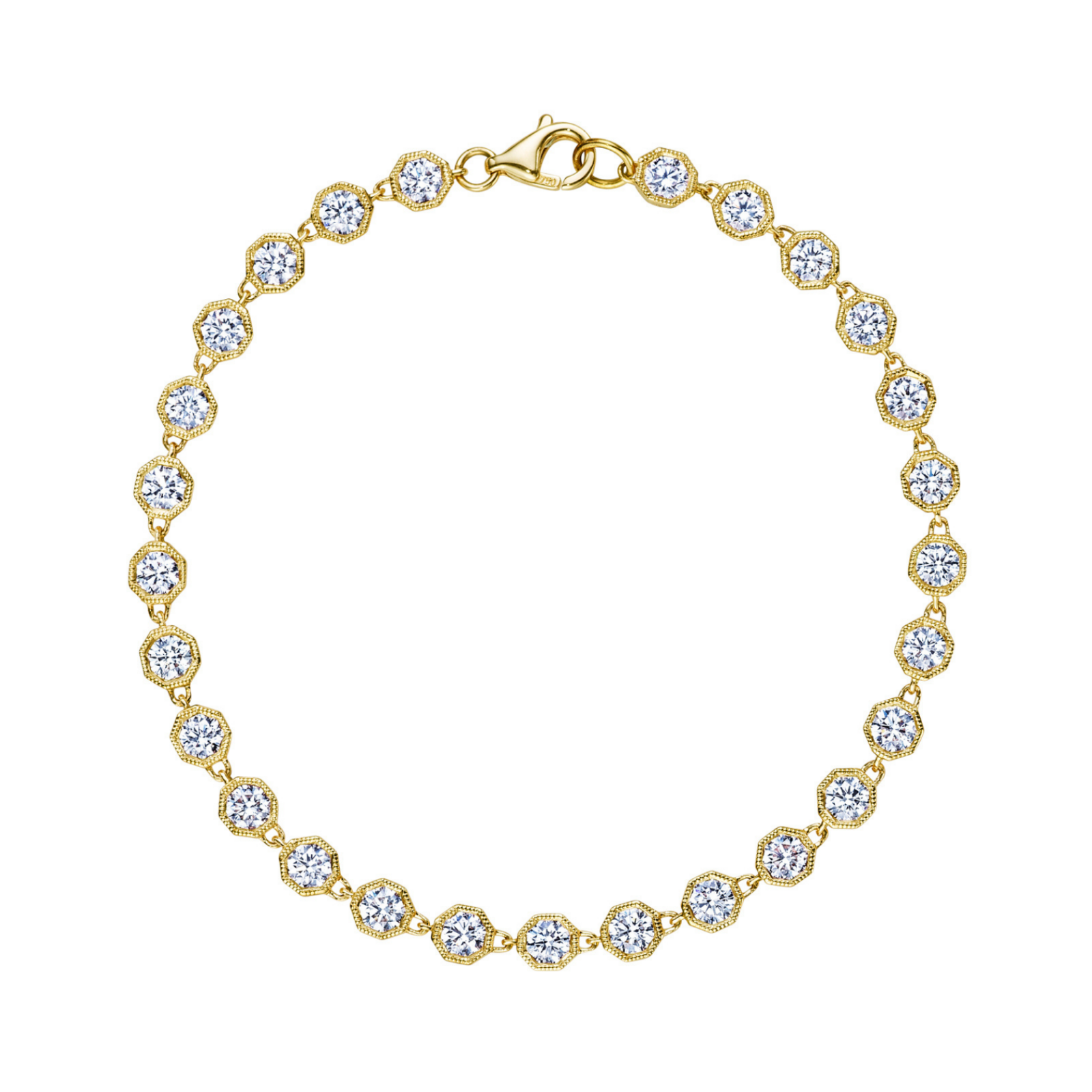 The Milgrain Hexagon Bezel Set Garland Bracelet is an elegant 18k gold diamond bracelet featuring evenly spaced round white gemstones set in hexagon bezels, arranged in a complete circle with a secure clasp closure at the top. This bracelet exemplifies timeless beauty and refined craftsmanship through its detailed milgrain accents and sophisticated design.